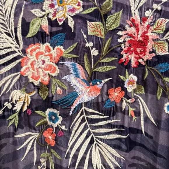 Johnny Was Velvet Purple Camouflage Floral Embroidered Shirt
